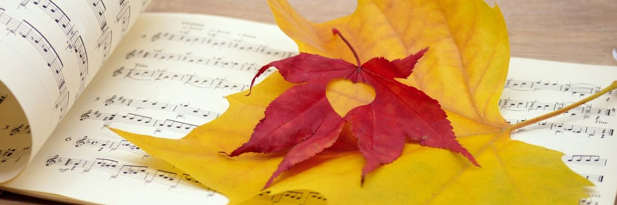 Noten auf denen herbstlich gefärbte Blätter liegen
